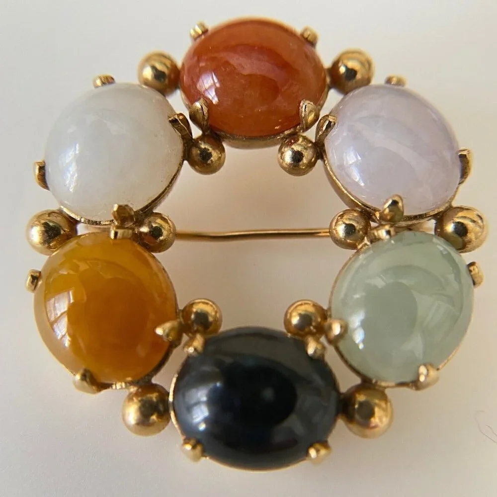 14k Solid Yellow Gold Multi-Color Genuine Jade Vintage Wreath Brooch Pin